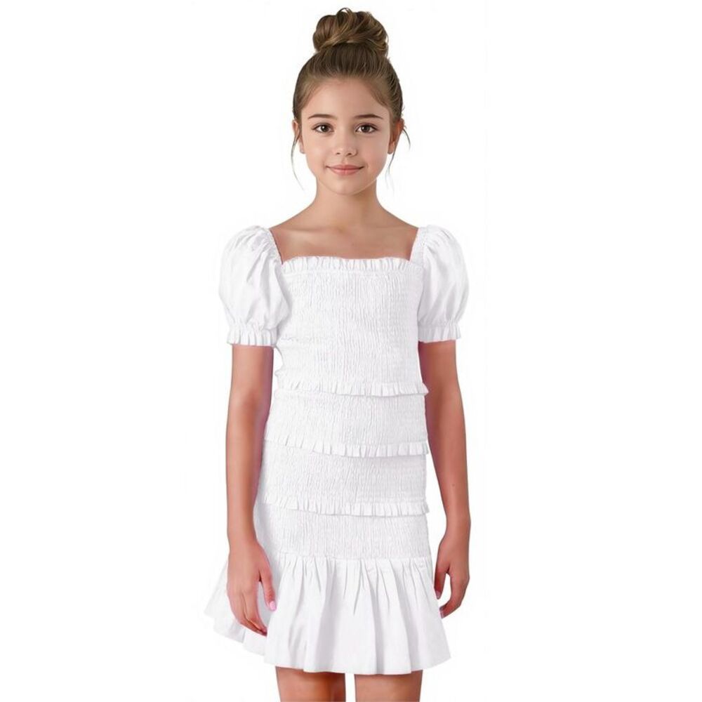 2Bunnies Girls' Tween Smocked Ruffle Party Dance Mini Dress Sleeve